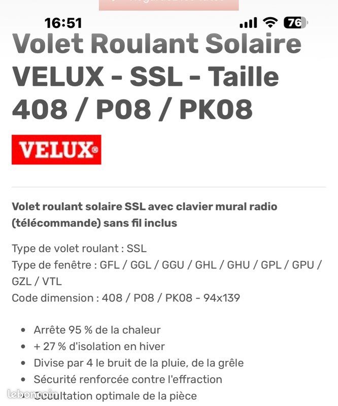 Volet roulant velux solaire ssl pk08 (image 1)