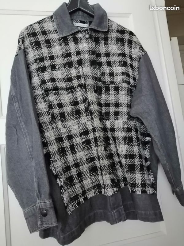 Chemise verste ZARA en jean et tissu carreaux (image 1)