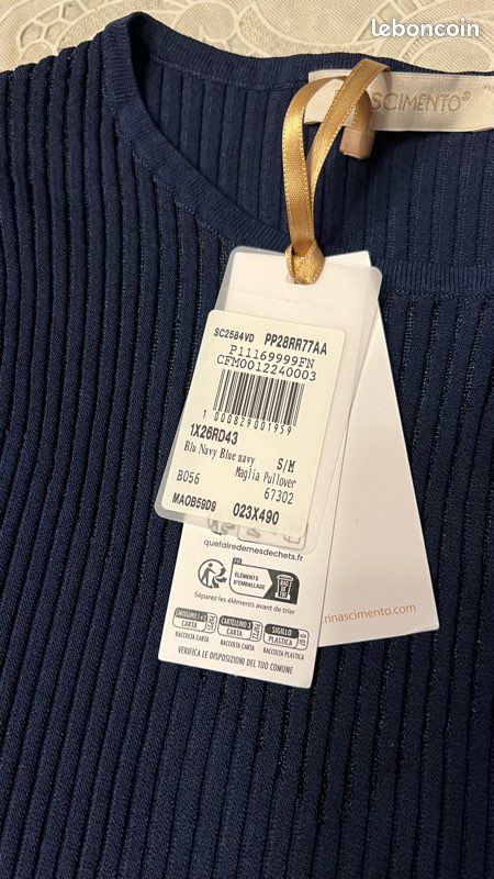 Top blouse bleu marine côtelé avec jeu de transparences taille S/M Rinascimento (image 7)