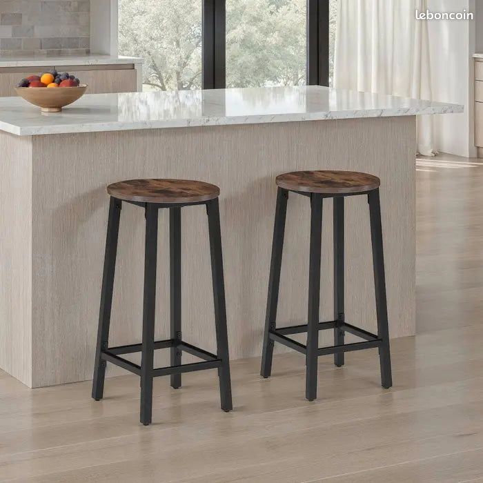 Lot de 2 tabourets de bar - Look industriel bois foncé (image 2)