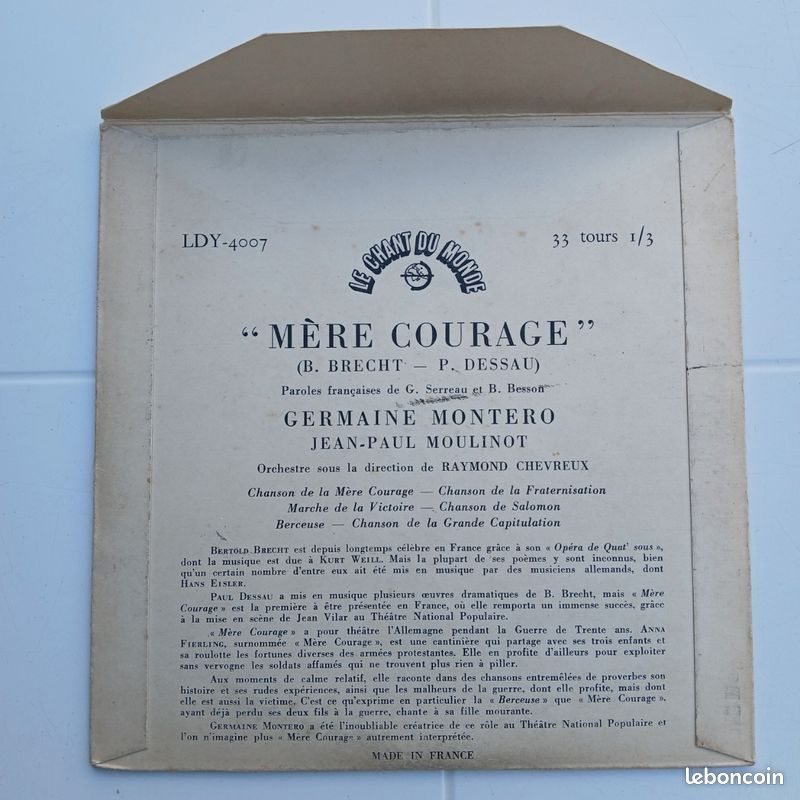 Vinyl EP "Mère Courage" de Brecht et Dessau chanté par Germaine Monteiro, le chant du monde 1952 (image 3)