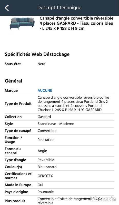 Canapé d’angle bleu canard (image 1)