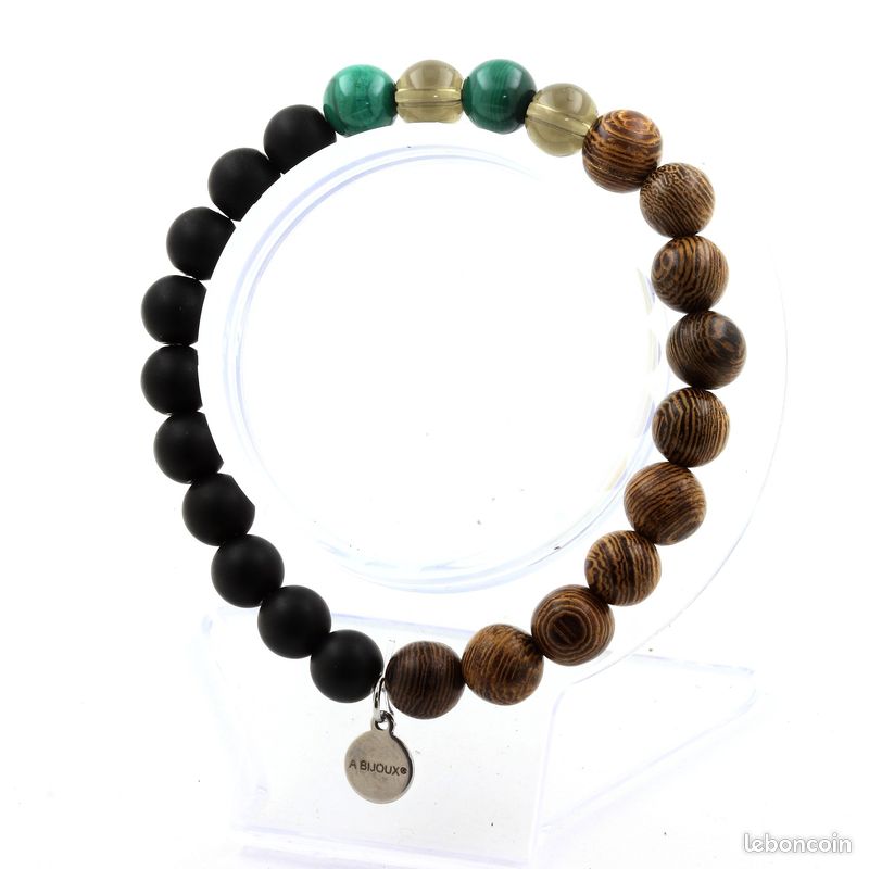 Bracelet Perles Malachite du Congo + Quartz fumé + Onyx noir mat + bois 8 mm. Fabriqué en France (image 1)