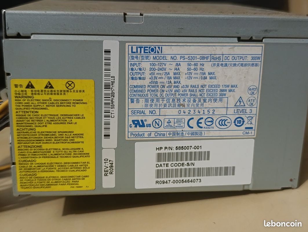 Alimentation PC Liteon 300W (PS-5301-08HF) - HP P/N 585007-001 (image 2)