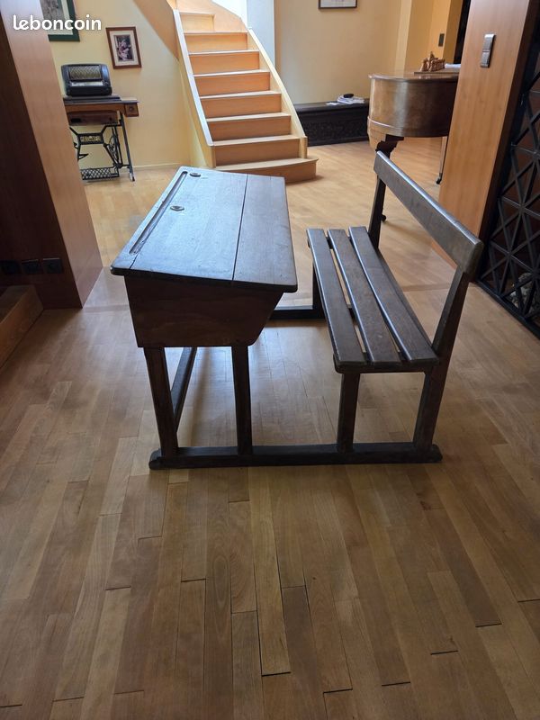 Ancien pupitre d’école en bois 2 places – Banc d’écolier vintage – Années 1950/60 (image 3)