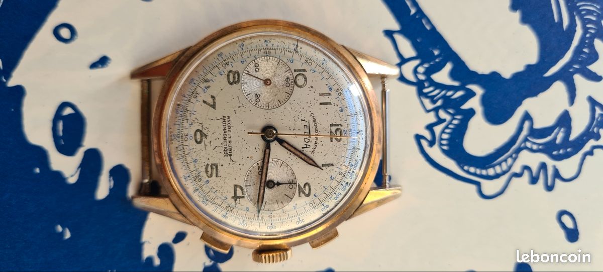 Cadran De Montre Chronographe Telda - 33,18 Mm - Or - Suisse - Pièce D'Occasion