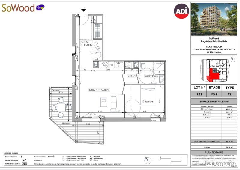 T2 meublé 53 m² – Terrasse 14 m² – Dernier étage – Parking – Saint-Herblain (image 14)