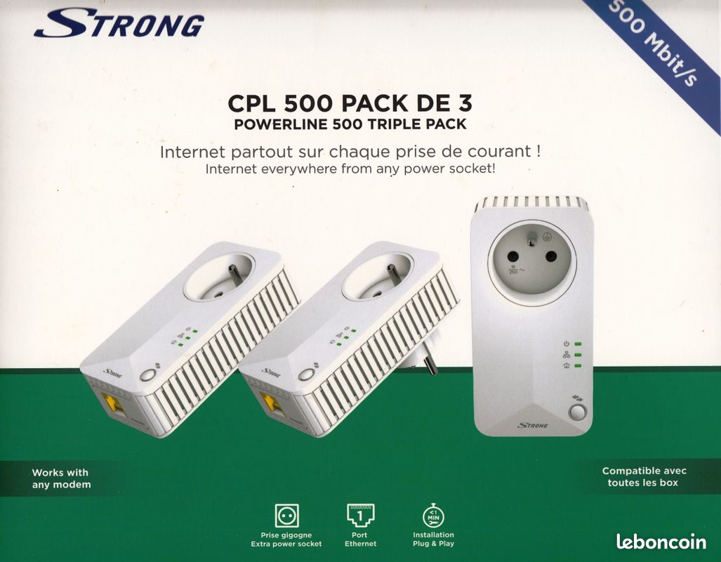 Pack de 3 CPL Ethernet (RJ45) 500 Mbits marque « Strong » (image 1)