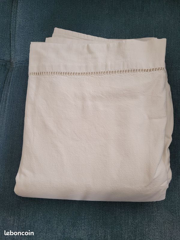 Drap Plat Vintage Neuf, Coton Brodé, Fabrication Française, 220x300cm, Beige