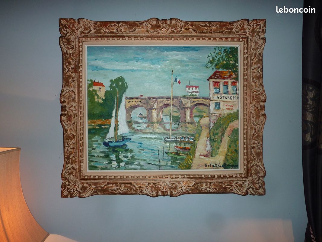 Huile sur toile : le pont de Poissy sur la Seine (image 2)