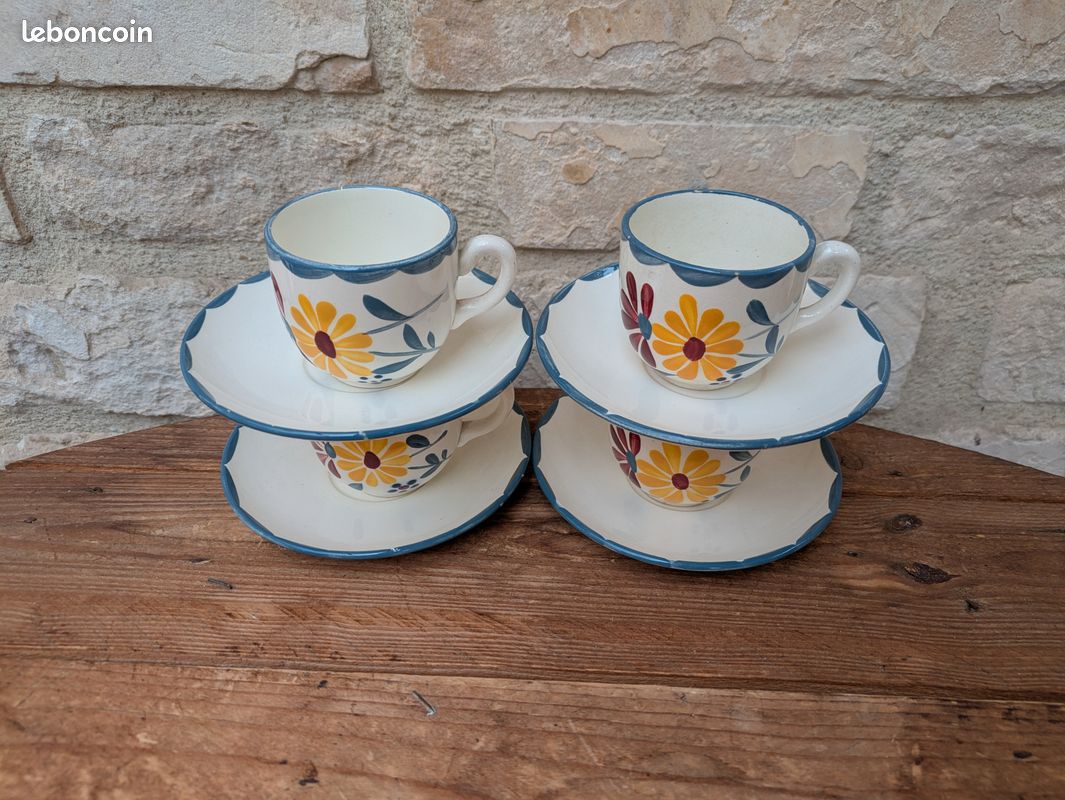 Lot De 2 Tasses à Café Anciennes - Modèle Crocus - Faïence Salins France - Années 1920-1940