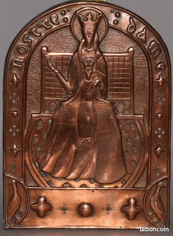 Objets religieux plaque cuivre repoussé Notre-Dame Vierge à l'Enfant couronnée (image 2)