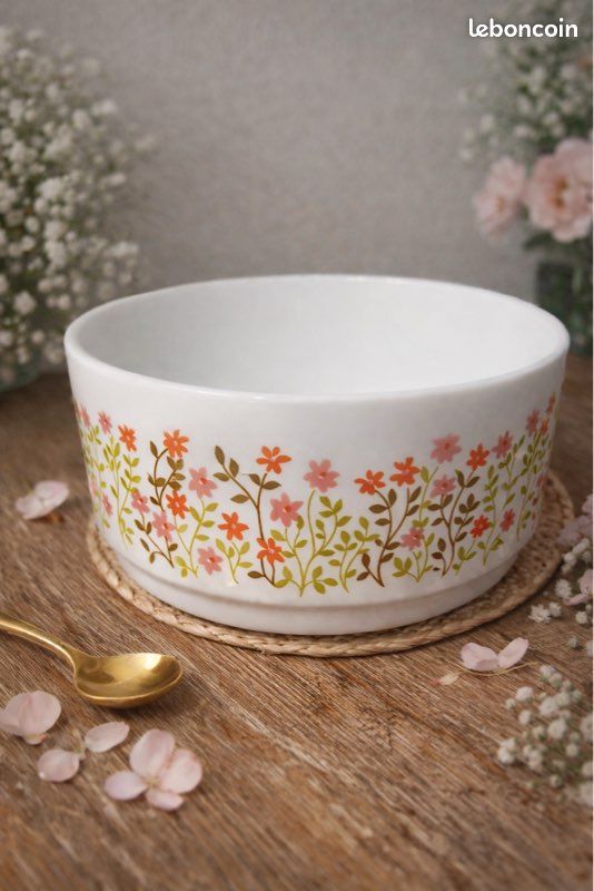 Saladier Vintage Arcopal Motif Fleurs - 23 Cm - Verre Blanc