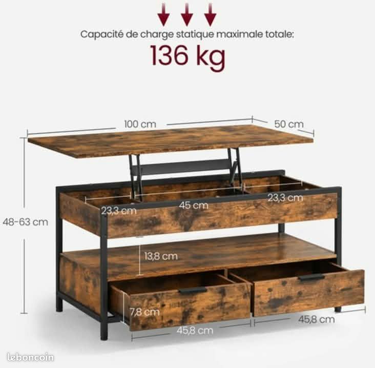 Table basse relevable et tiroirs, couleur bois (image 5)