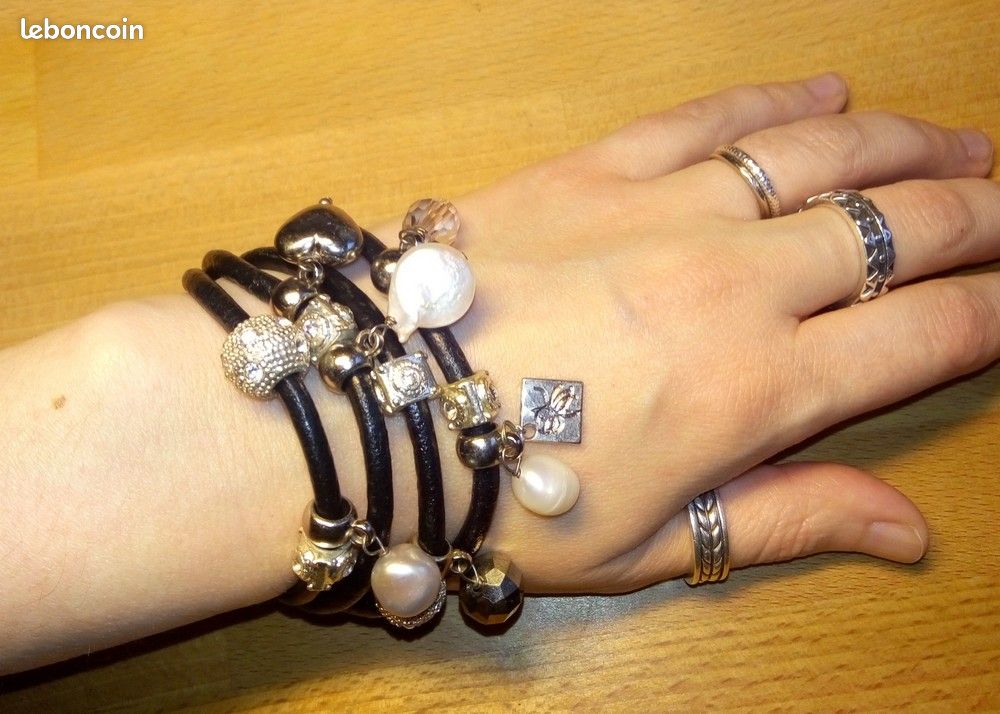 Collier 2 rangs cuir et charms Bleu Pivoine (image 8)