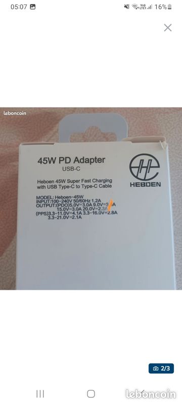Chargeur rapide 45W USB-C + Câble 2m — Neuf (Heboen) (image 2)