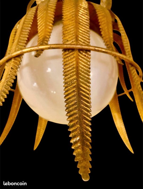Lustre Suspension globe verre opaline métal dorure vintage design , 1950 (image 6)