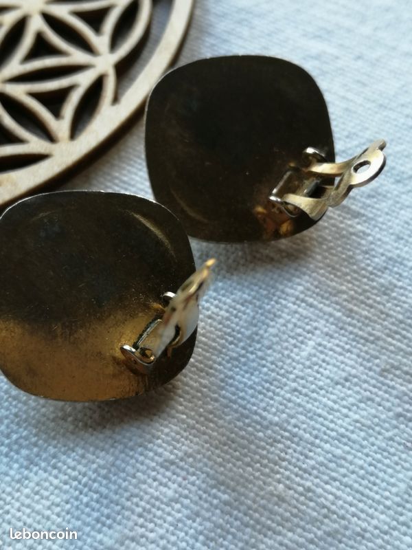 Boucles d'oreilles Clip Carrées-Cabochon rond Hématite pierre naturelle- gris anthracite et doré- Vintage 90- Chic Couture (image 5)