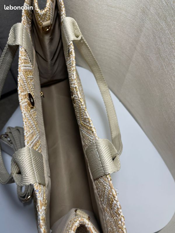 Sac cabas en toile tissée beige et doré avec bandoulière - Neuf (image 8)