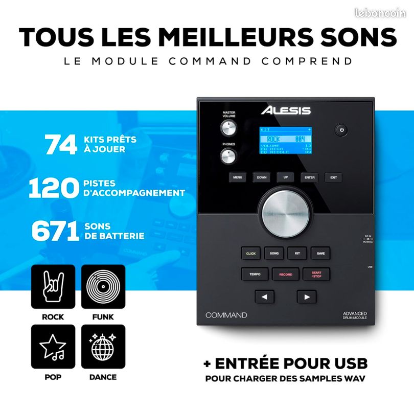 Alesis Command SE Kit - Batterie Electronique en Peau Maillée
Connexion USB MIDI, Chargement De Sample, 70 Kits, 600+ Sons, 120
Pistes (image 11)
