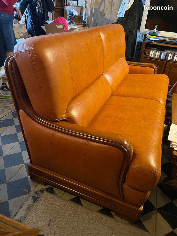 Canape cuir maron 3 places + pouf (image 5)