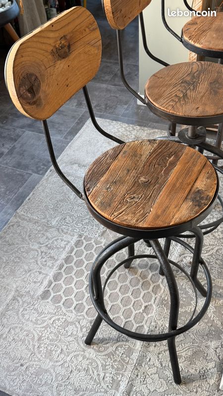 3 Tabourets / Chaises de Bar Style Industriel avec dossiers pivotants réglables – orme & métal (image 2)