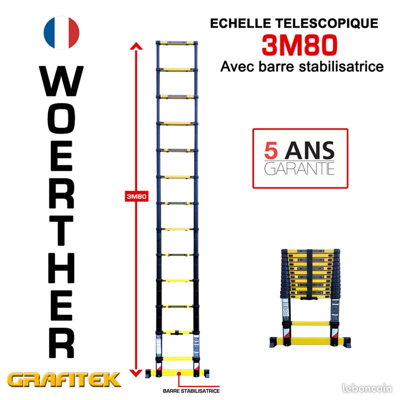 Echelle télescopique 3m80 de hauteur, Woerther, N°1 en France - Avec barre stabilisatrice - Norme européenne - Garantie 5 ans - Offre anniversaire à prix imbattable, 179 Euros au lieu de 279 Euros (image 1)