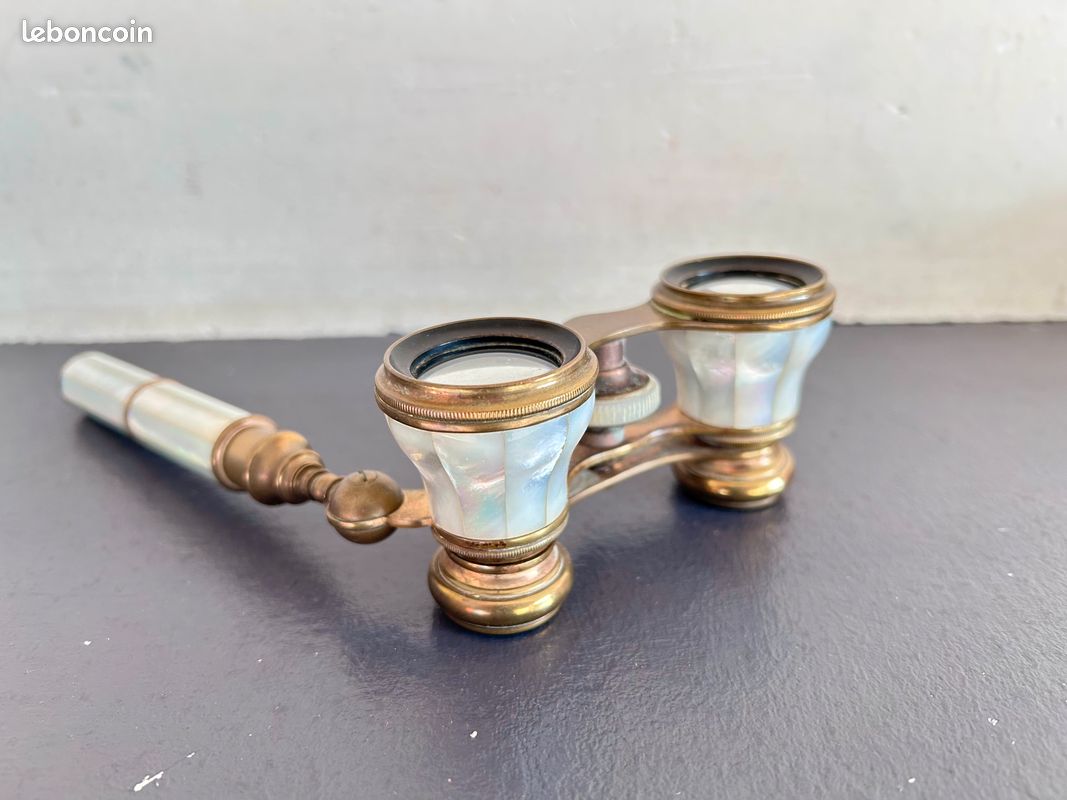 Jumelles De Théâtre Vintage – Manche En Nacre Noire Et Laiton – Grossissement 3x – Inde