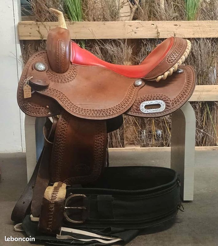 Selle Western Roping 16 Pouces - Cuir Naturel Et Châtaigne - Teinture Tambour - Fabriquée En Inde
