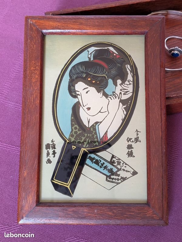 Boîte à bijoux vintage en bois - Inspiration d'Estampe Ukiyo-e Portrait de Bijin par Utagawa Kuniyasu, Artisanat japonais Mid-Century (image 1)