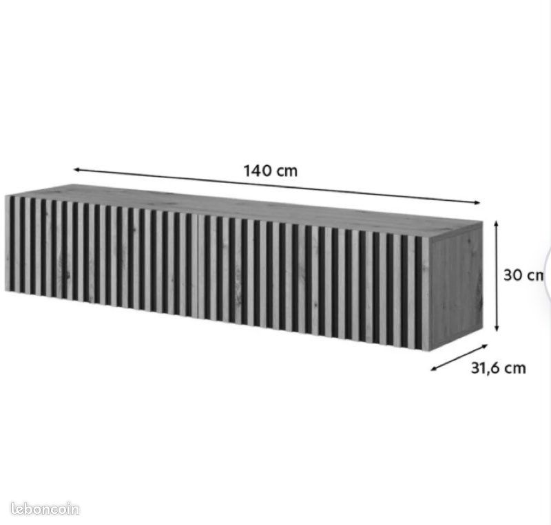 Meuble TV 140 cm en chêne artisan avec façade fraisée et inserts noirs (image 7)