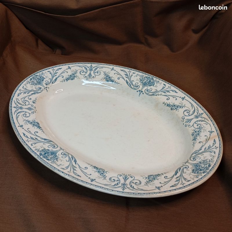 Grand plat ovale en faïence de SCROLL XX siècle Assiette Service de table Blanc/Bleu