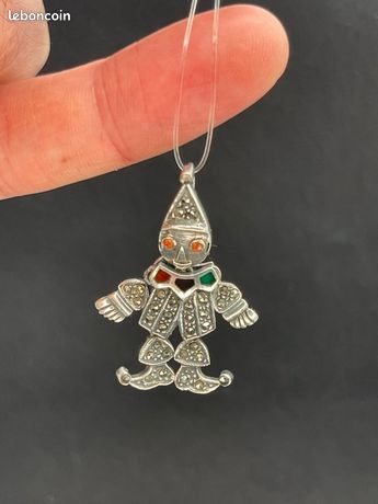 Collier Argent 925 Avec Pendentif Arlequin Articulé Yeux Rubis Et Marcassites
