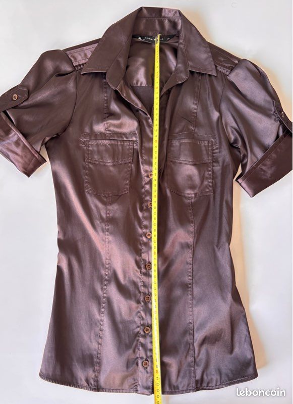 Chemise marron satinée à manche courte cintré style western (image 11)