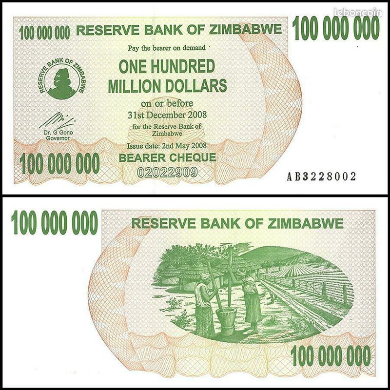 Billet Zimbabwe 2007 Bearer Cheque 100 Million Neuf (image 1)
