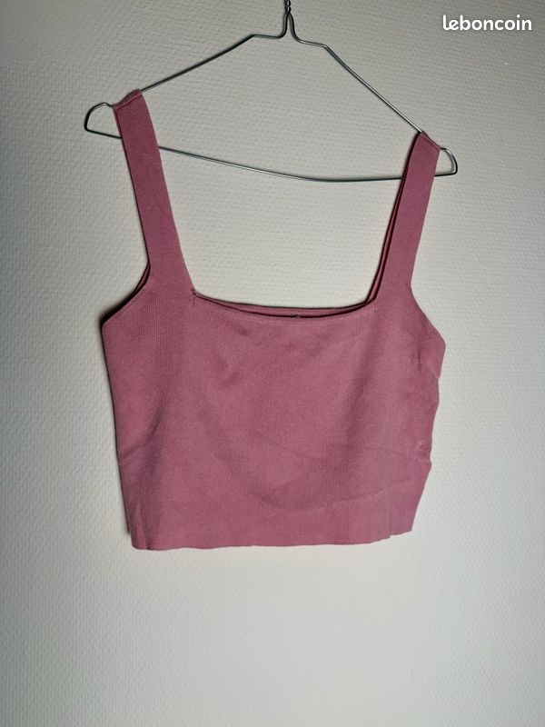 Crop Top Mango MNG rose pâle maille côtelée bretelles larges