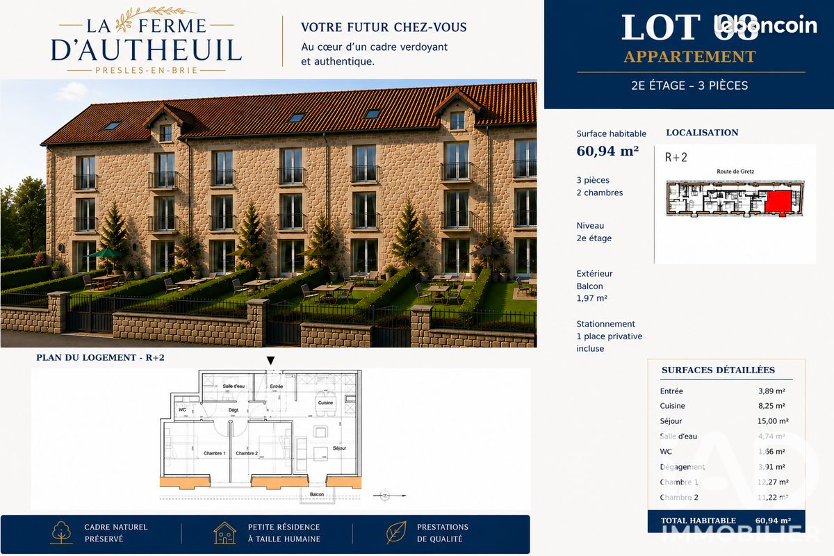 Appartement 3 pièces 61 m² · à Presles-en-Brie · 61 m² · 213 250 €