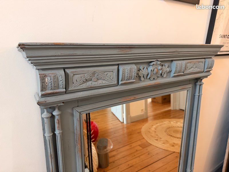 Grand miroir ancien style Napoléon III – bois sculpté patiné gris (image 2)