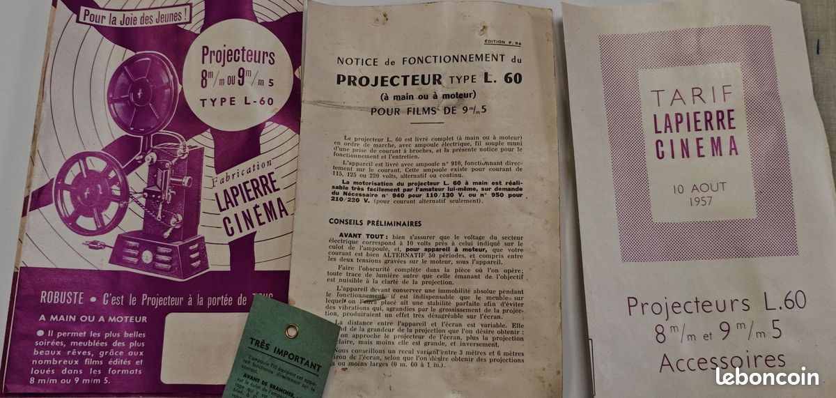 Notice D'utilisation Originale - Projecteur Lapierre 9,5 Mm Type L.60 - Occasion