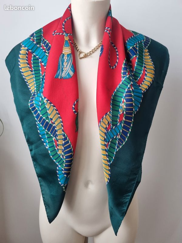 Foulard Carré Vintage En Soie D'Aqui - 80x80 Cm - Couleurs Corail & Ocre