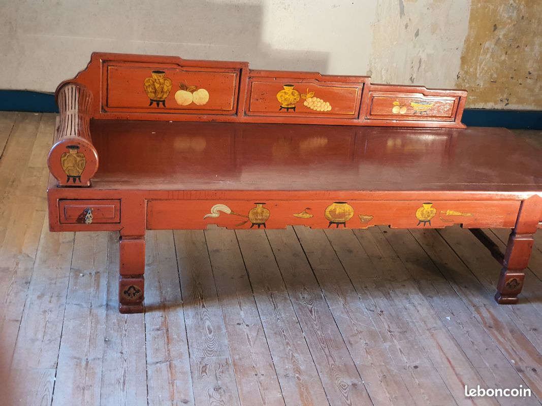 Lit de fumeur d'opium chinois en bois laqué rouge comme console décorative de salon (image 3)
