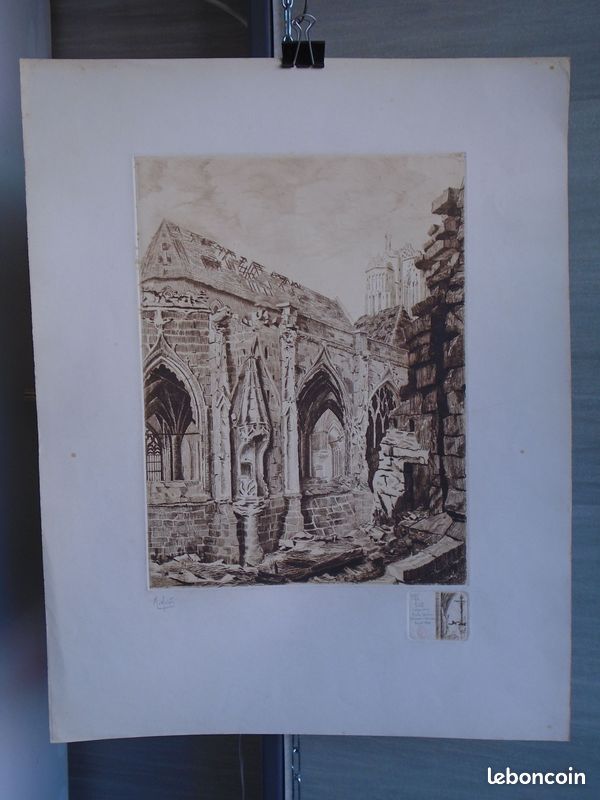 ST LÔ CHAIRE EXTERIEURE EGLISE NOTRE DAME 1944 gravure de Mme MULOT (image 1)