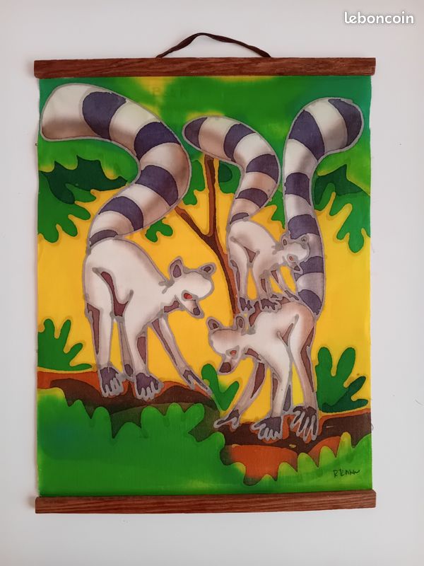 Souvenir De Madagascar : batik Lemuriens peint (image 1)