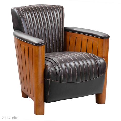 Fauteuil vintage cuir noir structure bois - Bastio Référence : CD_F51C