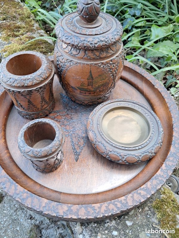 Ensemble tabatière vintage bois ciselé (image 1)