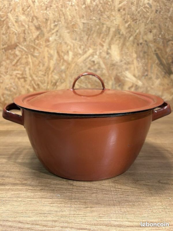 Ancienne Cocotte Marmite En Tôle émaillée Orange - Petit Faitout Vintage France