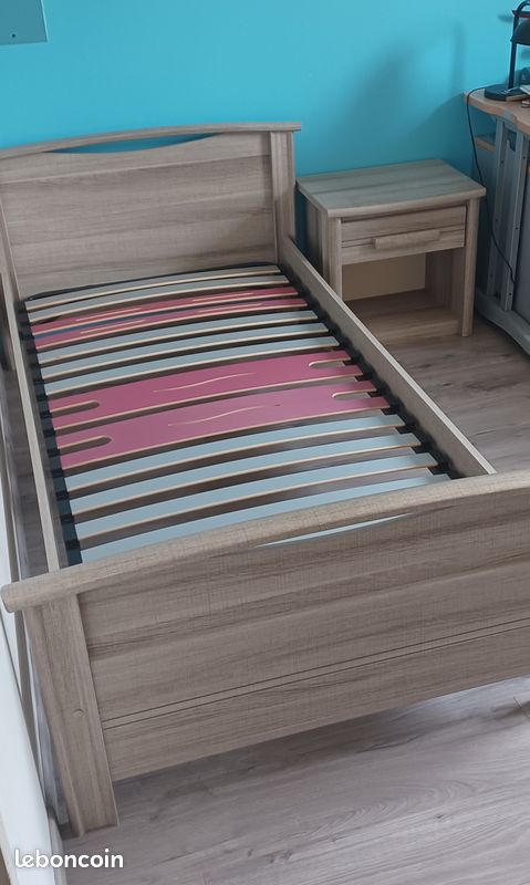 Ensemble lit 90 cm + sommier + matelas + chevet assorti (image 2)