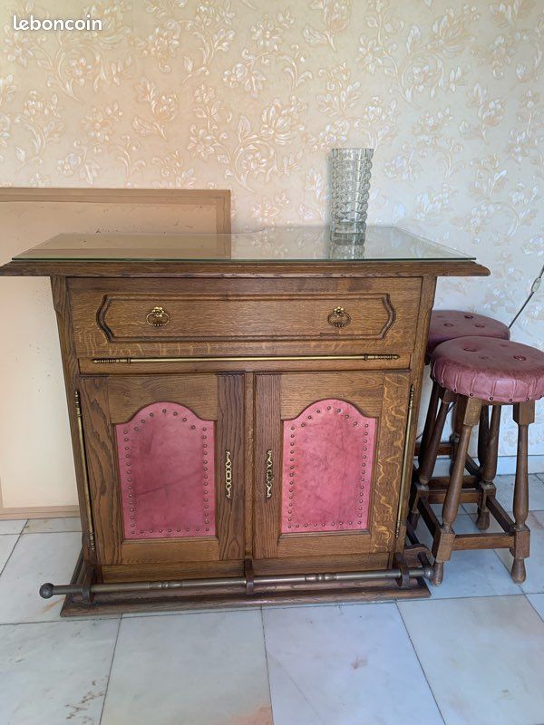 Vends bar complet avec tabourets bois et cuir (image 1)