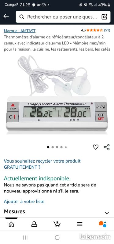 Thermomètre de réfrigérateur et congelateur (image 2)