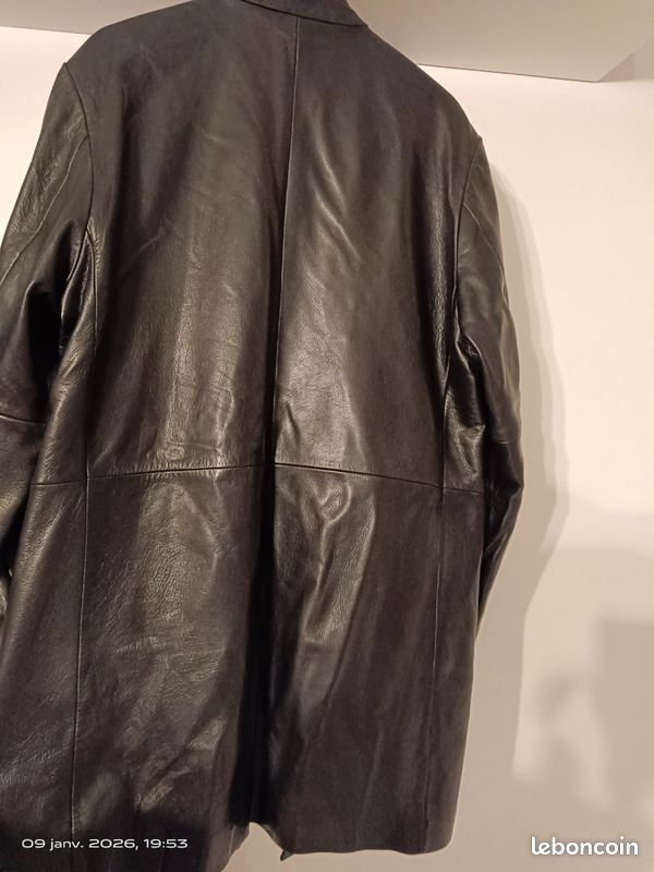 Veste En Cuir Verni Noir Longue Redskins - Taille XL - Très Bon état